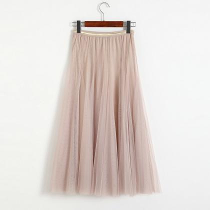 Women Elastic High Waist Pleated Skirt - Beige