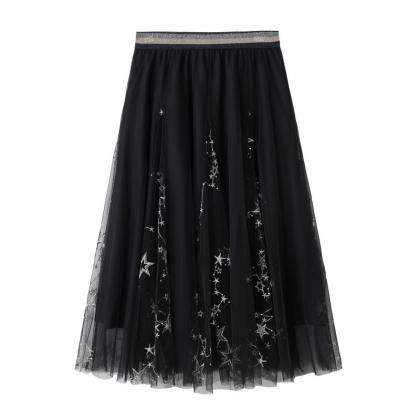Star Pattern Women Midi Skirt - Black