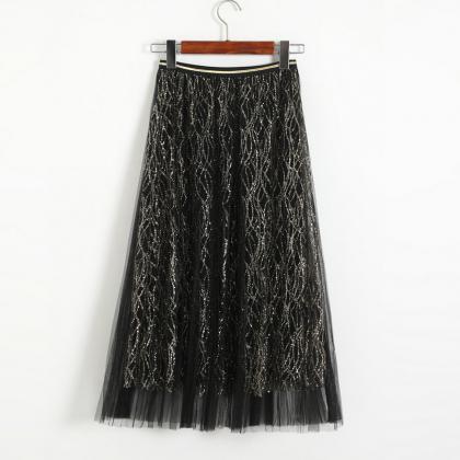 Style Sequins Gauze A Line Skirt - Black