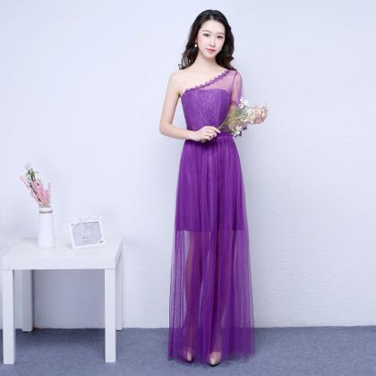 Purple Color One Shoulder Long Bridesmaid Prom..