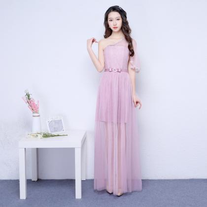 Pink Color One Shoulder Long Bridesmaid Prom Party..