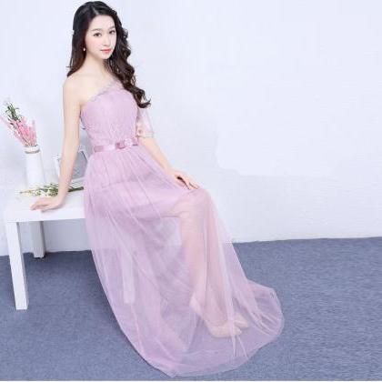 Pink Color One Shoulder Long Bridesmaid Prom Party..