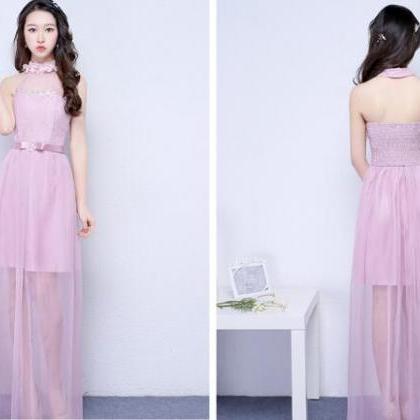 Pink Color Halter Long Bridesmaid Prom Party Dress