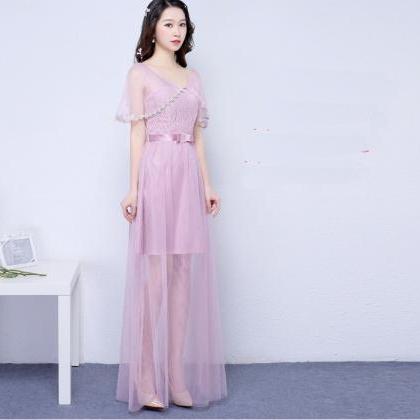Pink Color V Neck Long Bridesmaid Prom Party Dress