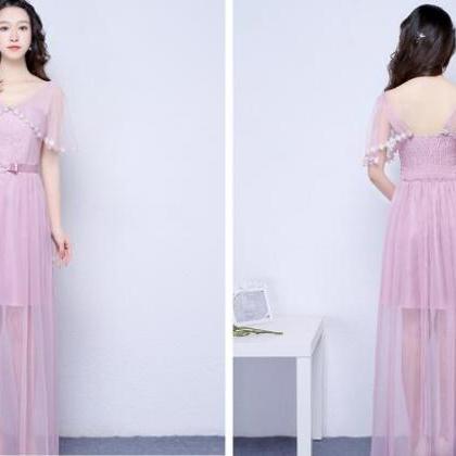 Pink Color V Neck Long Bridesmaid Prom Party Dress
