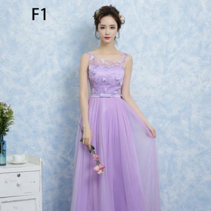 Purple Color Gauze Long Bridesmaid Wedding Dress