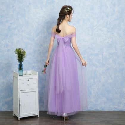 Purple Color Gauze Long Bridesmaid Wedding Dress