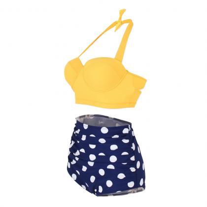 Two-piece Swimsuit Featuring Yellow Tie Halter Top..