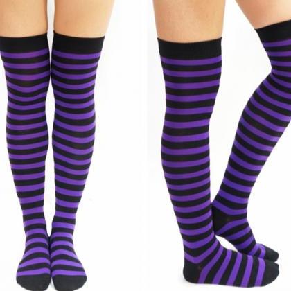 New Striped Thigh High Socks - Purp..