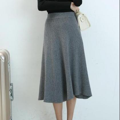 Autumn A-line Knit Skirts Solid Knitted Long..
