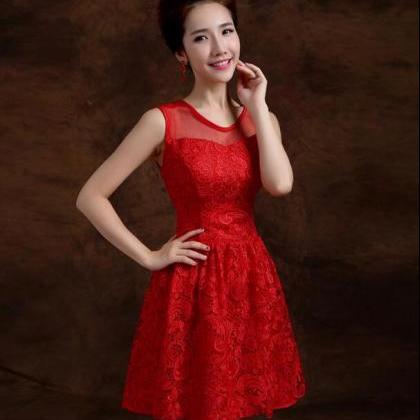 Red Elegant Solid Lace Sleeveless A Line Party..