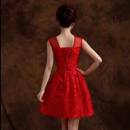 Red Elegant Solid Lace Sleeveless A Line Party..