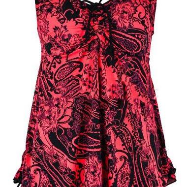 Scoop Neck Printed Tie Front Tankini Set - Red