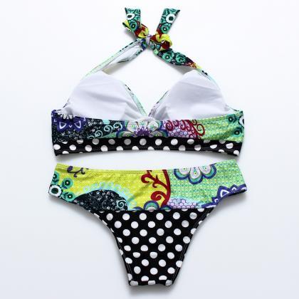 Tie Back Printed Low Waist Halter Bikini Set