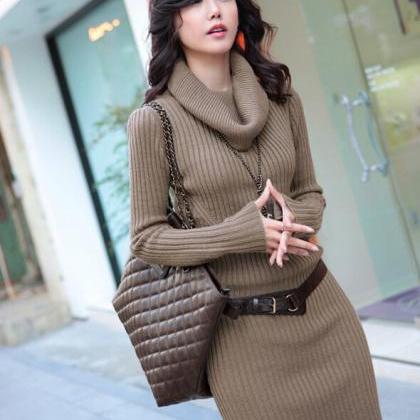 Slim Long Sleeved Turtleneck Sweater Knit Dress -..