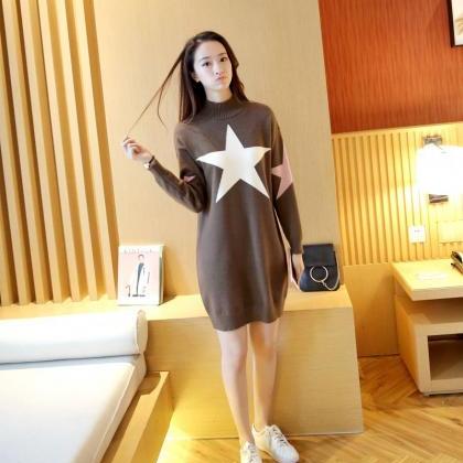 Women Star Printing Long Sweater Dress - Khaki