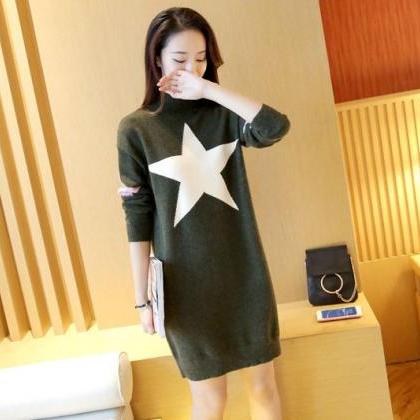 Women Star Printing Long Sweater Dress - Amy Green