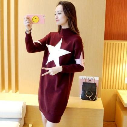 Women Star Printing Long Sweater Dress - Wine Red