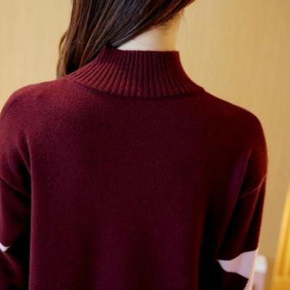Women Star Printing Long Sweater Dress - Wine Red