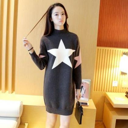 Women Star Printing Long Sweater Dress - Dark Grey