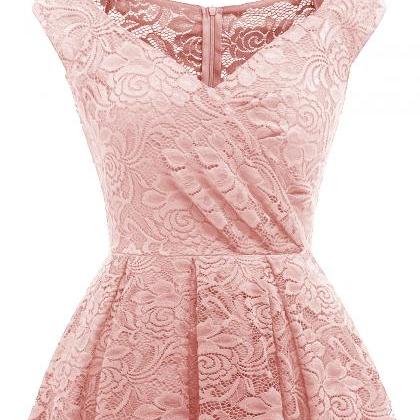 Sexy V Neck Lace Dress - Pink
