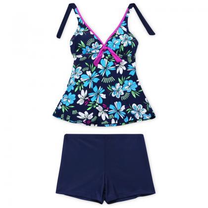 V Neck Halter Print Swimsuit Set - Navy Blue