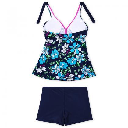 V Neck Halter Print Swimsuit Set - Navy Blue
