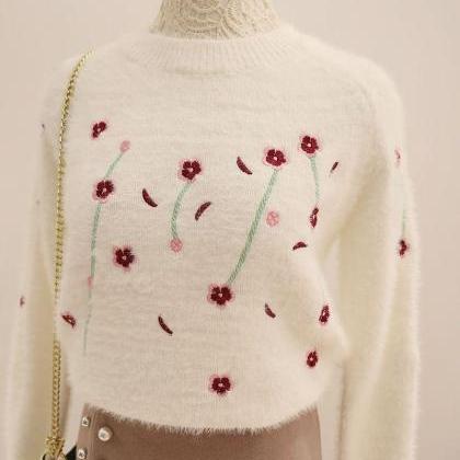 Floral Knitted Sweater - White