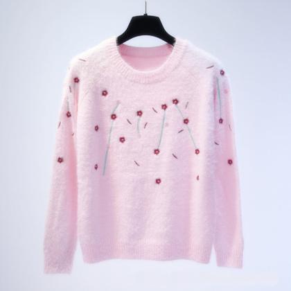 Floral Knitted Sweater - Pink