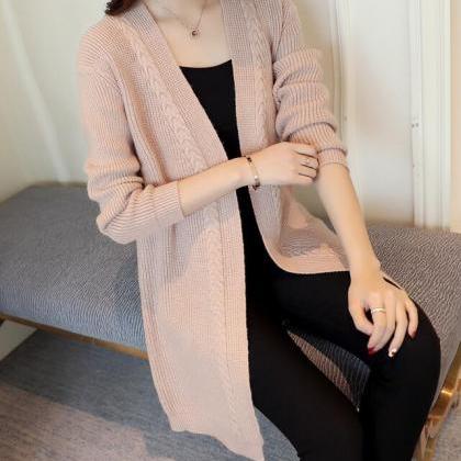 Solid Women Long Cardigan Sweater - Khaki