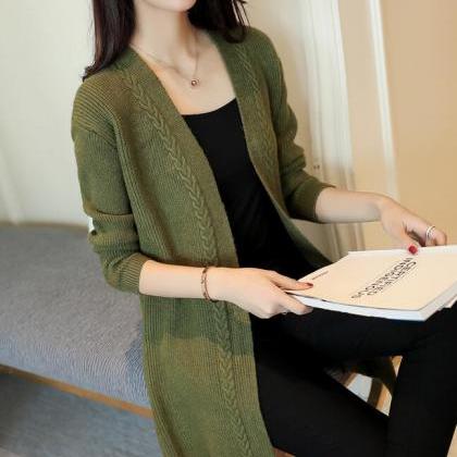 Green Long Knitted Cardigan Sweater