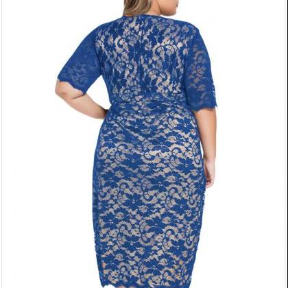 Big Size Autumn Lace Hollow V Collar Dress - Blue