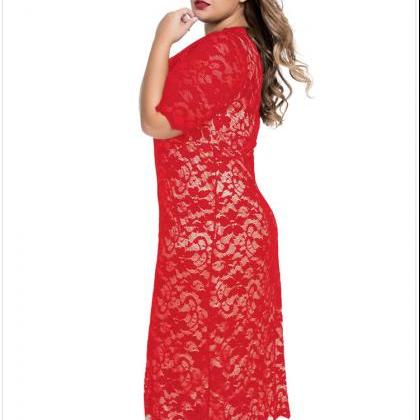 Big Size Autumn Lace Hollow V Collar Dress - Red