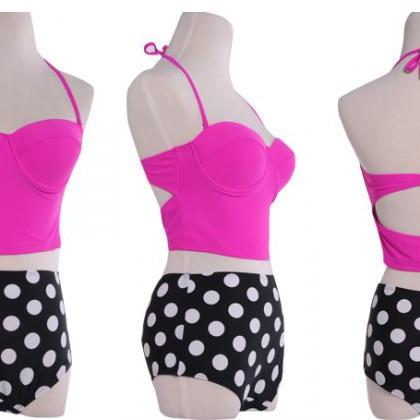 Neon Pink Halter Two-piece Swimsuit Featuring..