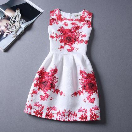 Red Printing Pattern Sleeveless Vest Dress For..