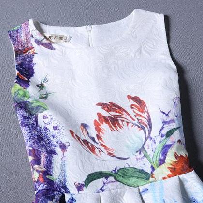 Retro Blue Printing Pattern Sleeveless Vest Dress..