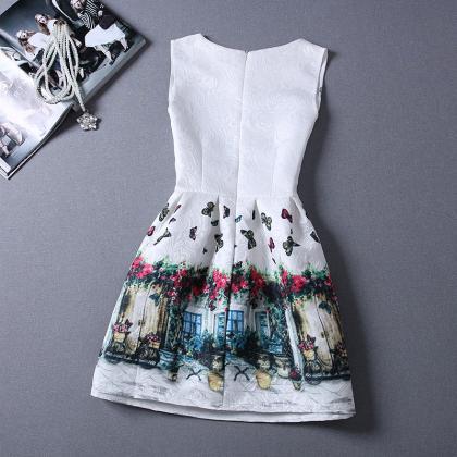 Retro Printing Butterflysleeveless Vest Dress For..