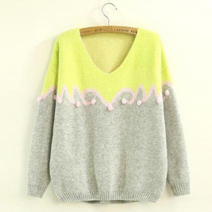 Autumn Candy Color Loose V-collar Long Sleeve..