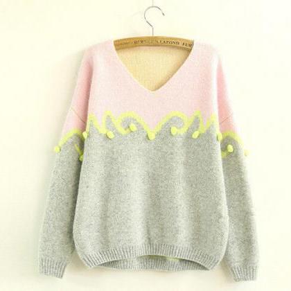 Autumn Candy Color Loose V-collar Long Sleeve..
