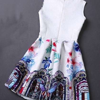Retro O-neck Printing Sleeveless Vest Dress For..