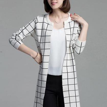 Women Plaid Sweater Lady Casual Long Cardigan Coat