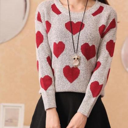 Heart Pattern Women Knit Pullover Sweater Shirt