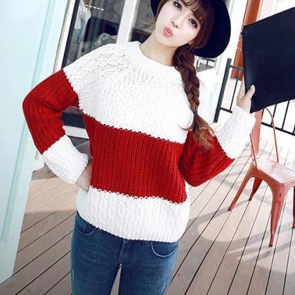 Women Stripe Knit Pullover Sweater Shirt