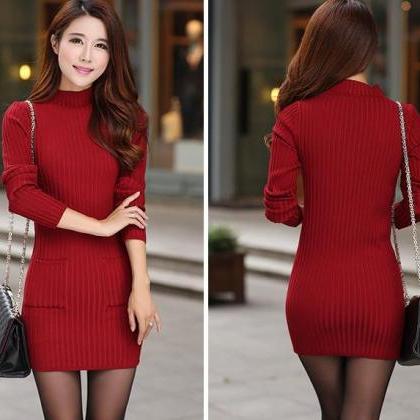 Women Long Knit Slim Sweater Dress 4 Colors