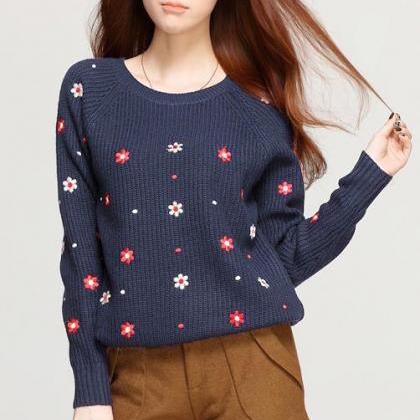 Cute Women Flower Pattern Long Sleeved Sweater..