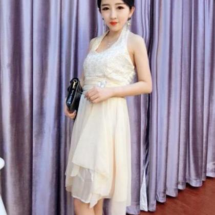 Nice Women Chiffon Beige Mini Dress