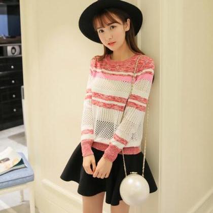 Sweet Woman Stripe Knit Hollow Sweater