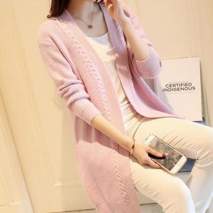 Solid Women Long Cardigan Sweater - Pink