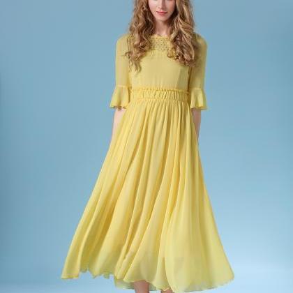 Chiffon Yellow Half Sleeve Beach Long Dress
