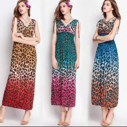 Leopard Print Sleeveless Cotton Maxi Long Dress